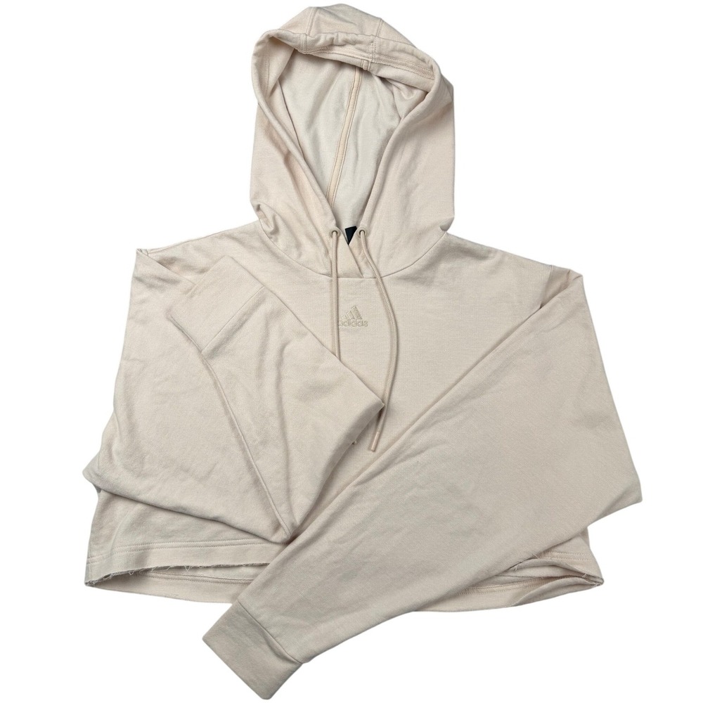 Adidas Womens Cropped Hoodie Small Cream Beige Raw Hem Pullover Sweatshirt